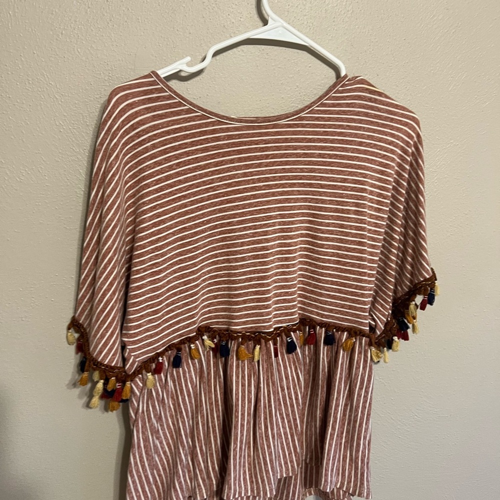 Hummingbird Brown Striped Tassel Blouse